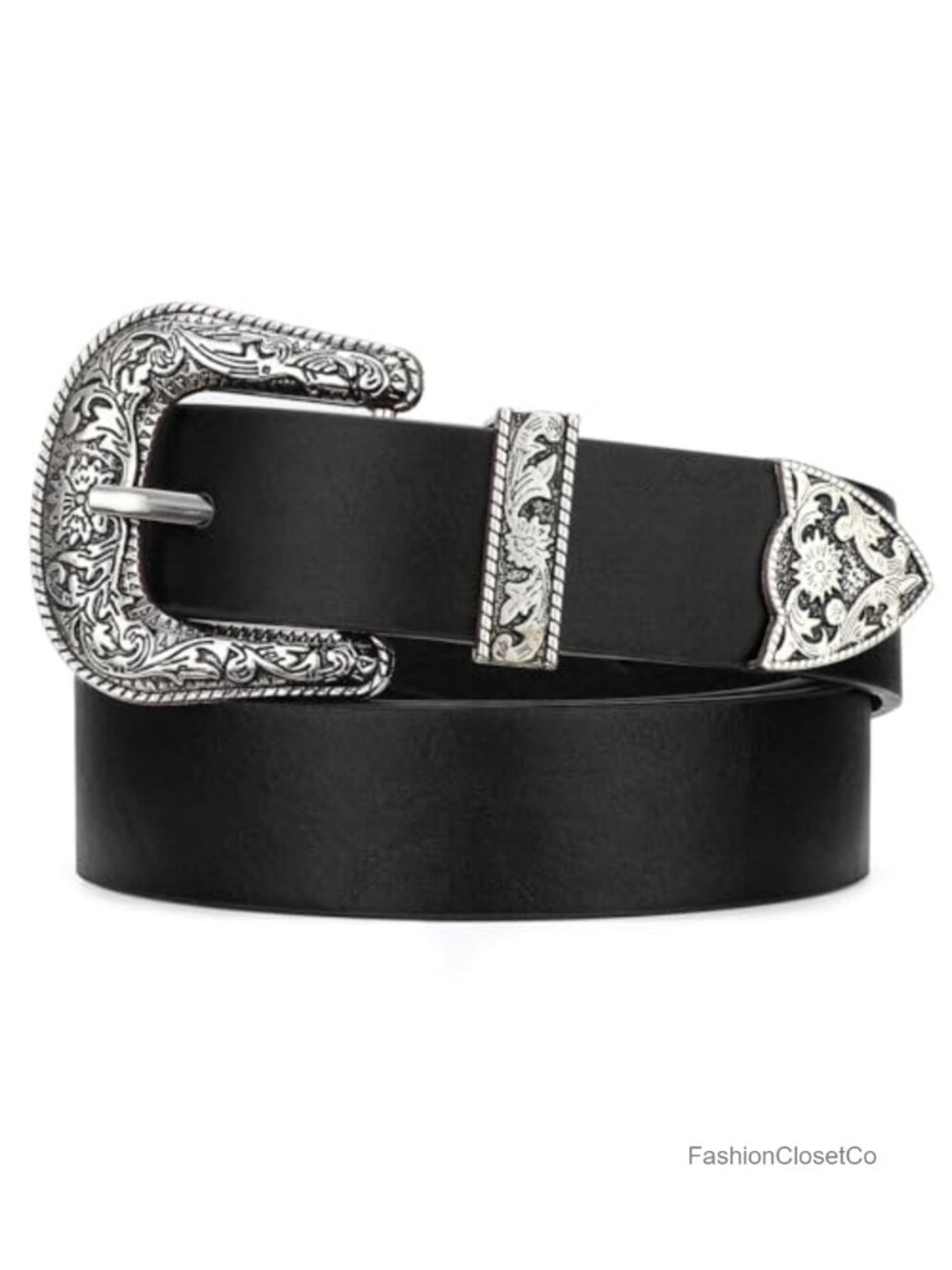 Women's Faux Leather Western Belt Engraved Floral Buckle Cowgirl Style
